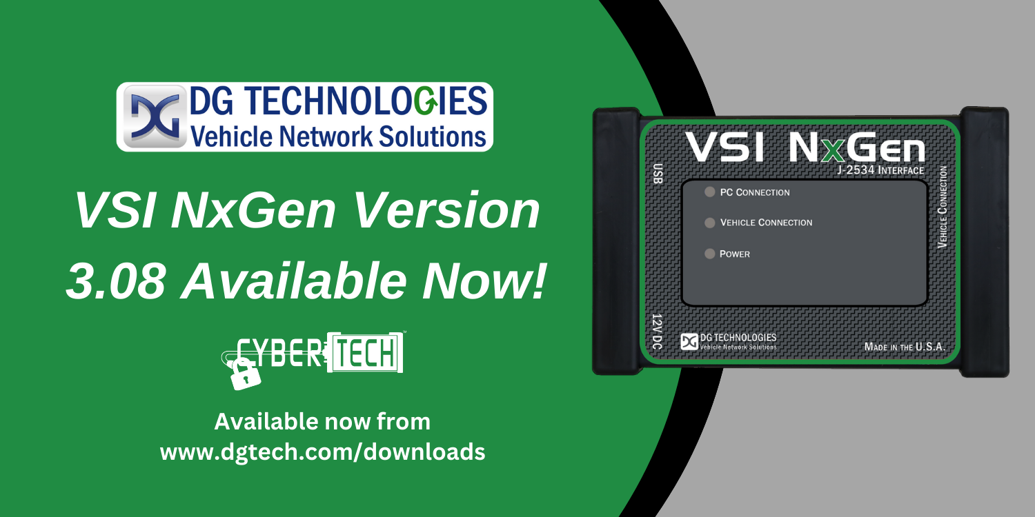 VSI NxGen version 3.08 graphic to promote the new update being available from the downloads section at DG Technologies website