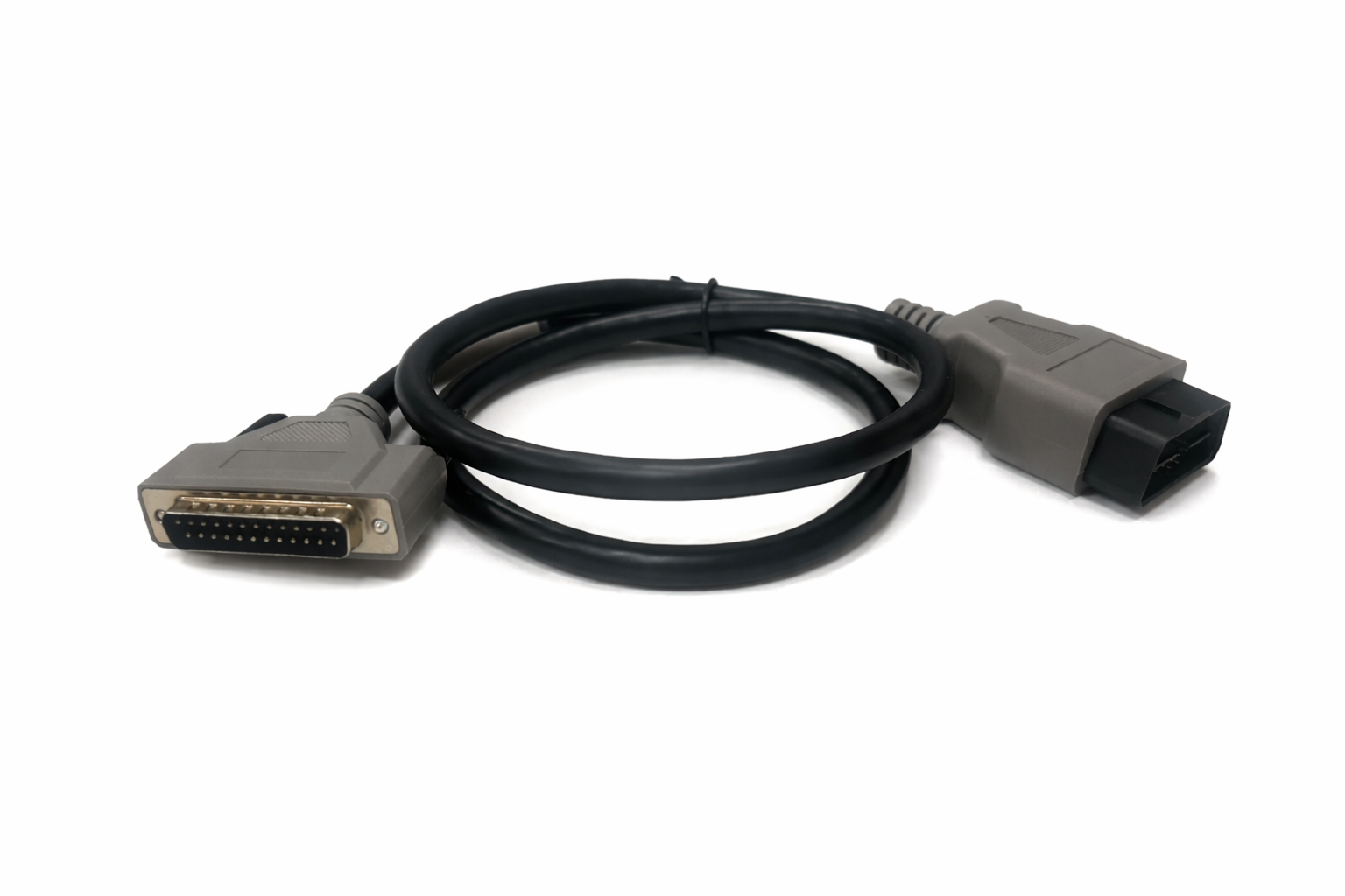 Cable with a male DB-25 (25-pin) connector on one end and a wide rectangular multi-pin connector on the other, black outer sheath.