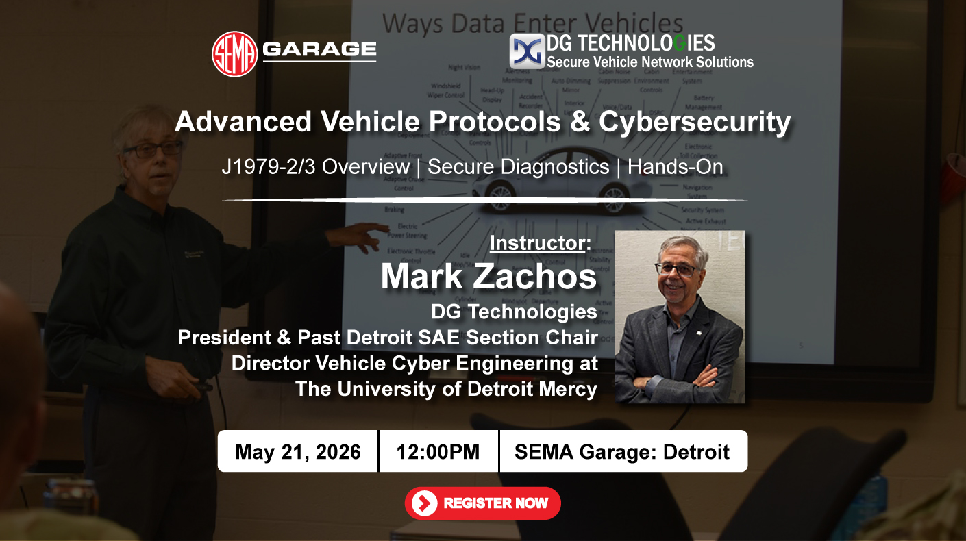 Hero banner for a talk on Advanced Vehicle Protocols & Cybersecurity by Mark Zachos at SEMA Garage Detroit, May 21, 2026, 12:00 PM, with a Register button next.