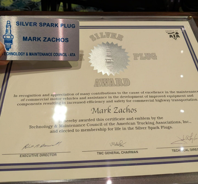 Photo taken by Mark Zachos, the Silver Spark Plug award certificate