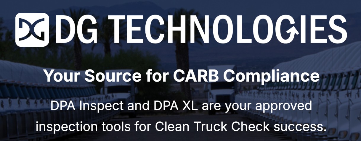 DG Technologies banner with logo and the slogan 'Your Source for CARB Compliance,' promoting DPA Inspect and DPA XL as approved inspection tools, set against a background of rows of trucks.